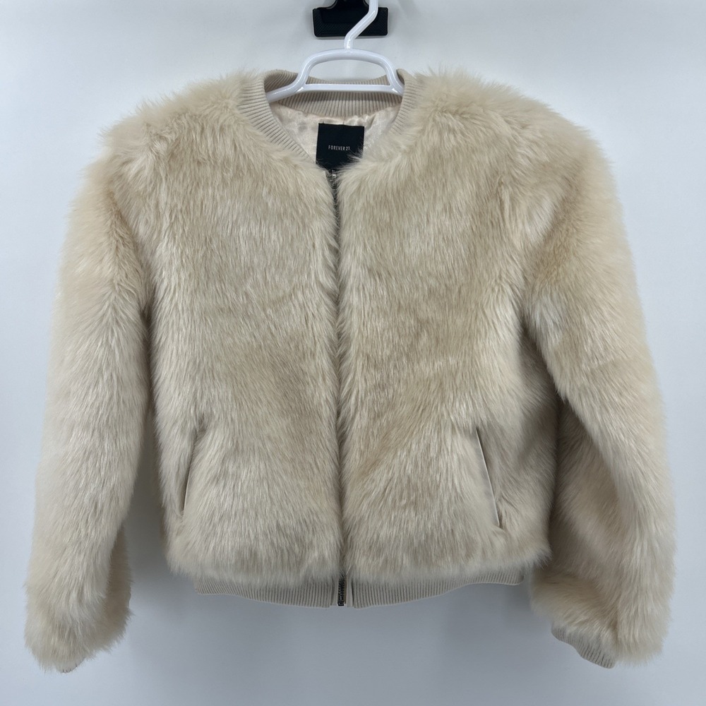 Faux Fur Jacket Coat Women's Small Ivory Lined Heavyweight Bomber  Forever 21